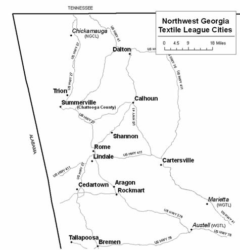 Mills in many communities sponsored teams in the NWGTL during its twenty seasons. All were located in Georgia’s northwest corner, as were the few neighboring towns that briefly fielded teams in other leagues such as the West Georgia Textile League (WGTL) and the North Georgia City League (NGCL).