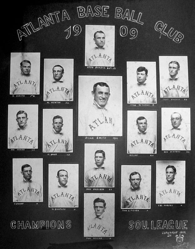 Jordan (top,center), S. Smith (top, far left), Walker (top, far right), Moran (middle, far left), and Bayless (third row, center) returned in 1910 and played in one of the fastest games ever recorded.