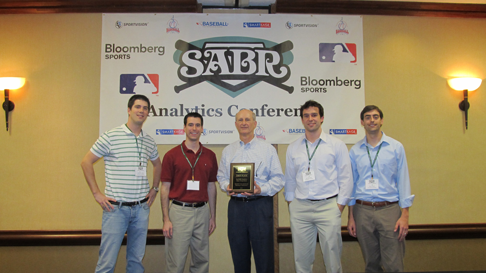From left: Jonathan Hay, Brad Rodriguez, SABR president Vince Gennaro, A.J. Kennedy, Ryan Lamb
