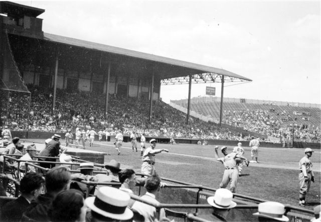 The original model envisioned the roof extending over both the left-field pavilion (shown) and the right-field pavilion.