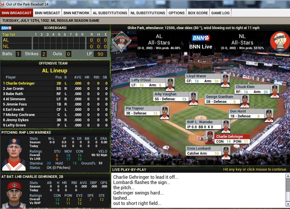 The Out of the Park game simulator in action, simulating the 1932 Retroactive All-Star Game.
