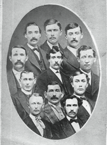 Clockwise from top left: Fred Treacey, Joe Simmons, Ed Pinkham, Bub McAtee, Marshal King, Tom Foley, E. P. Atwater, Charlie Hodes, Ed Duffy. Center top: Jimmy Wood. Center bottom: George Zettlein.
